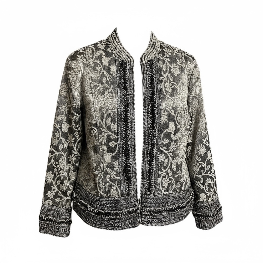 Coldwater Creek Blue Satin and Denim Jacquard Tapestry Blazer Jacket Size M